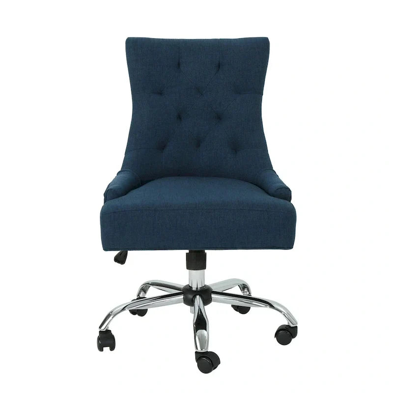 Chaise de bureau pivotante Ovi, tissu bleu marine, dossier capitonné, roulettes