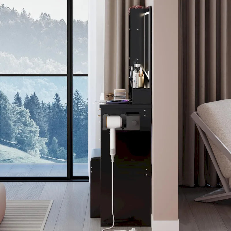 Coiffeuse avec miroir LED tactile, table de maquillage avec support pour sèche-cheveux, ensemble coiffeuse avec tabouret rembourré