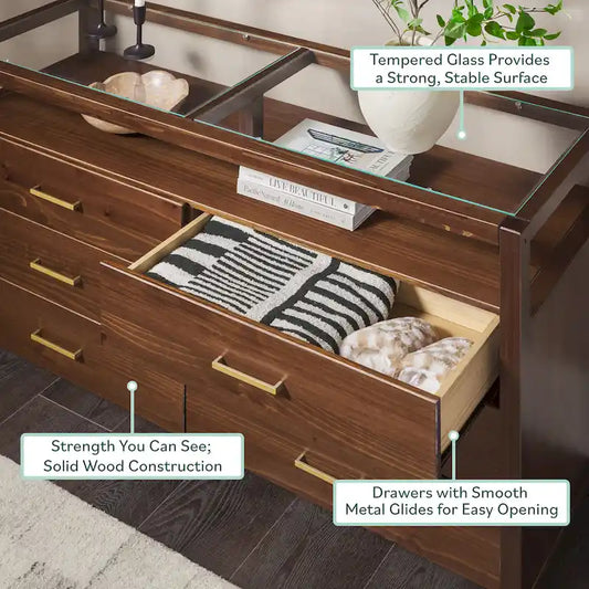 Commode en bois massif Walker Edison avec plateau en verre trempé