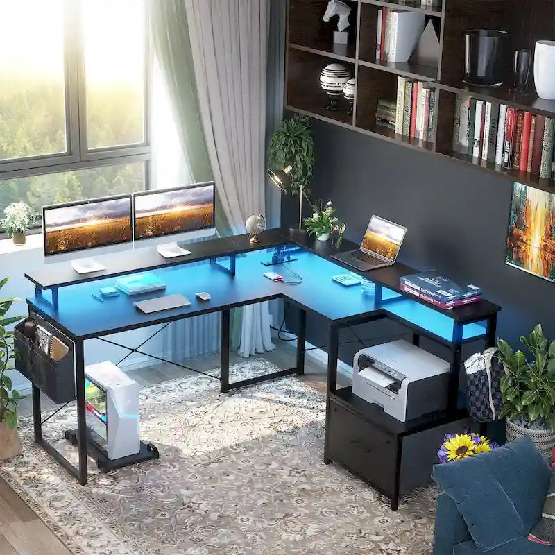 Bureau d'angle en forme de L avec tiroir de classement et support d'imprimante, bureau d'angle réversible pour ordinateur avec prise de courant et bande LED