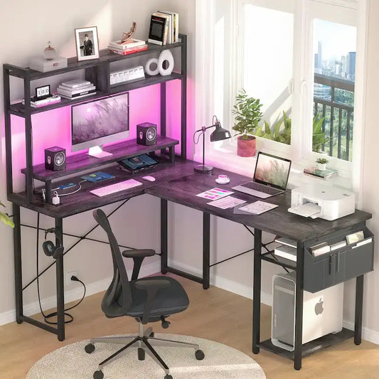 Bureau d'angle en forme de L style ferme avec prise de courant, table de jeu avec étagère et lumière LED