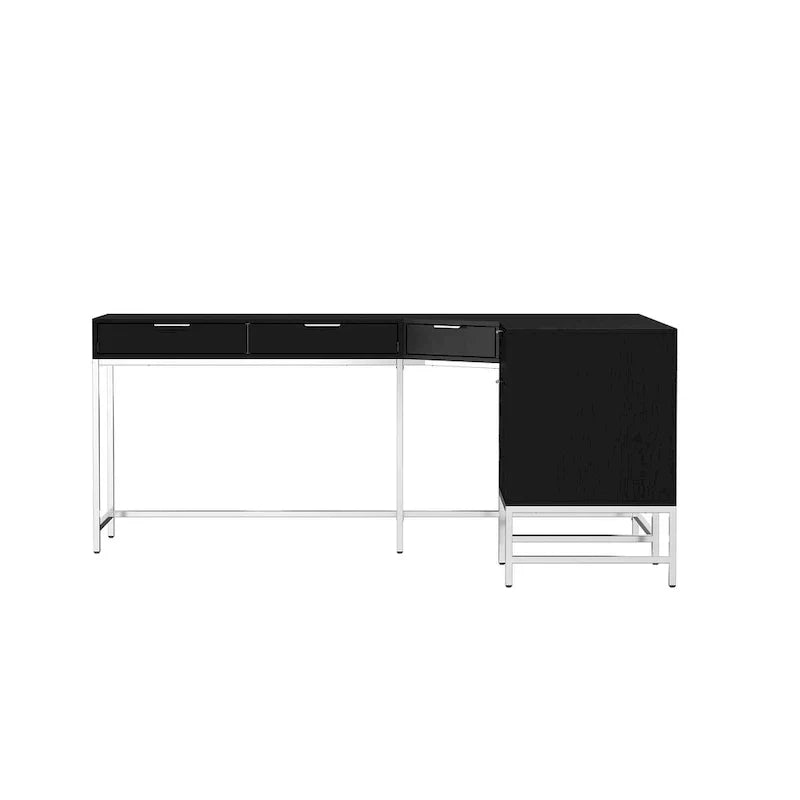 Bureau d'angle en bois noir avec tiroirs, cadre en acier, poste de travail de direction moderne
