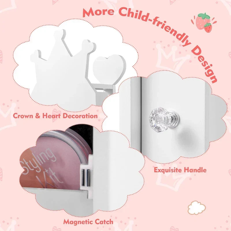 Gymax Ensemble de Coiffeuse pour Enfants Princesse Table de Maquillage & Chaise avec