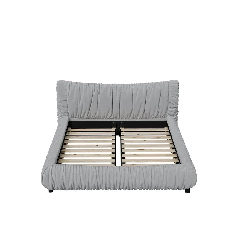 Lit plateforme de luxe king-size gris clair capitonné avec coussin amovible et cadre en bois massif