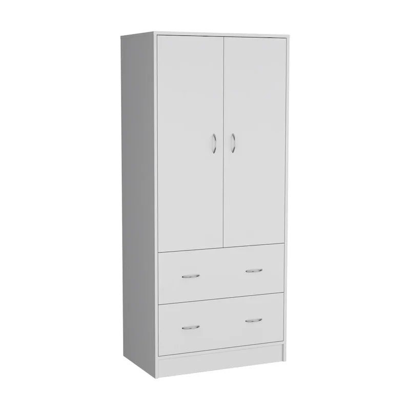 30.9 Armoire moderne à double porte avec deux tiroirs et tringle à vêtements pour chambre à coucher