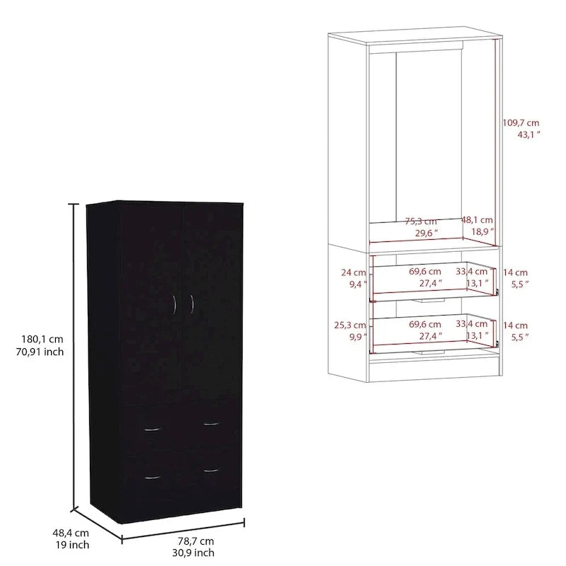 30.9 Armoire moderne à double porte avec deux tiroirs et tringle à vêtements pour chambre à coucher