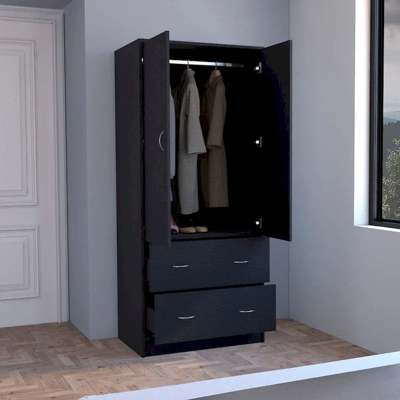 30.9 Armoire moderne à double porte avec deux tiroirs et tringle à vêtements pour chambre à coucher