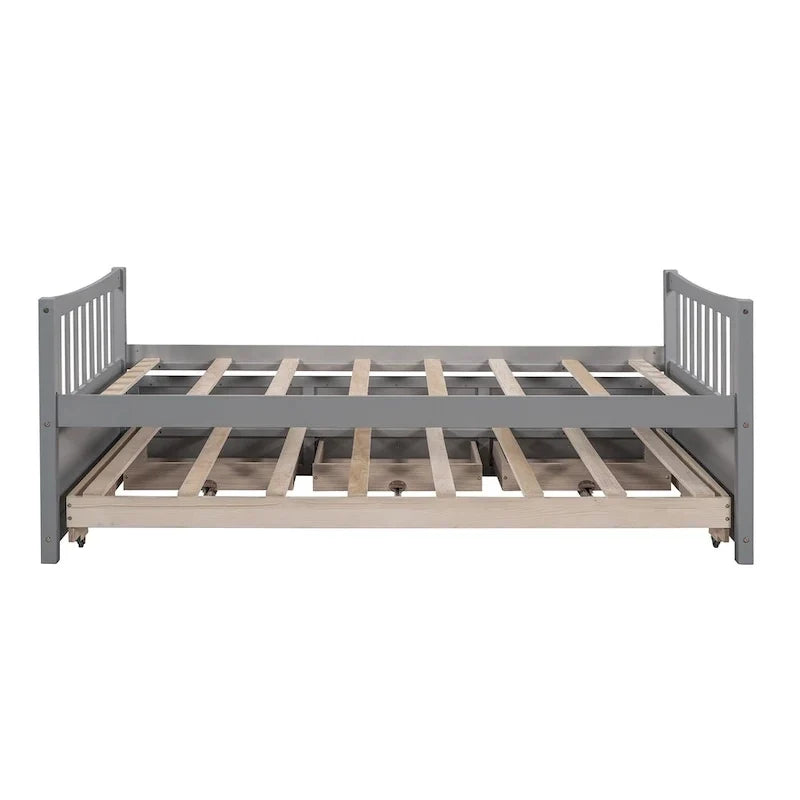 Lit de repos double en bois avec lit gigogne, tiroirs et tête de lit