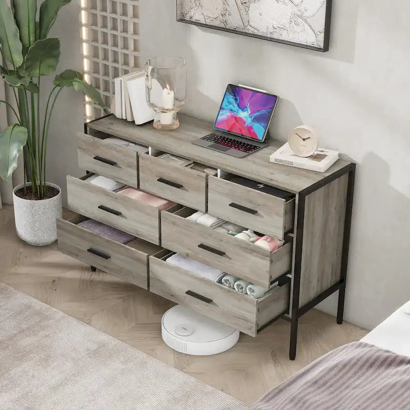 Commode horizontale à 7 tiroirs, Armoire de rangement en bois pour chambre à coucher, Meuble de rangement solide avec cadre en acier robuste