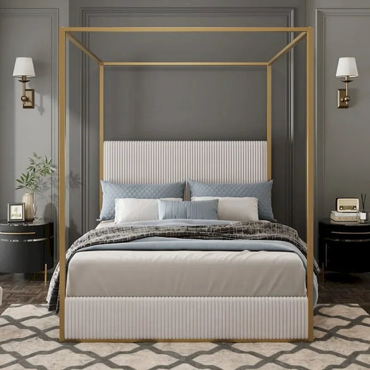 Lit à baldaquin moderne en métal de luxe avec tête de lit capitonnée haute