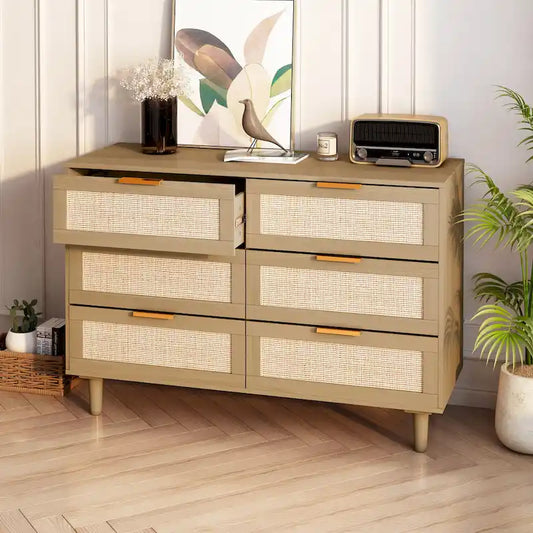 Commode en rotin et bois à 6 tiroirs