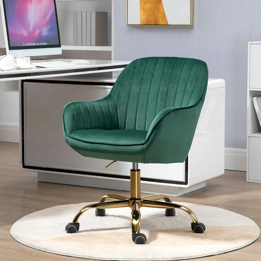 Chaise pivotante en velours vert à dossier haut, chaise de bureau réglable avec base dorée