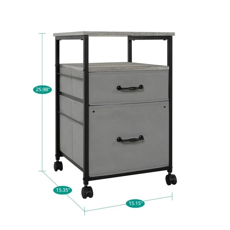 Meuble de classement mobile à 2 tiroirs avec support d'imprimante roulant avec étagère de rangement ouverte, armoire de classement verticale en tissu