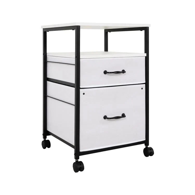 Meuble de classement mobile à 2 tiroirs avec support d'imprimante roulant avec étagère de rangement ouverte, armoire de classement verticale en tissu