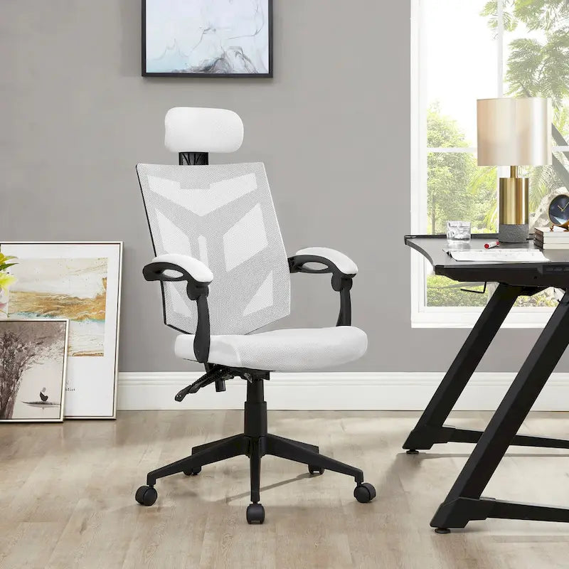 Chaise de bureau réglable avec appui-tête Fauteuil de bureau ergonomique en maille à dossier haut avec support lombaire et roulettes