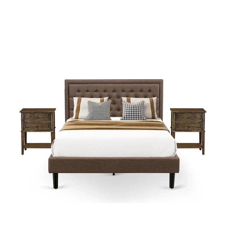 East West Furniture Ensemble de lit Queen Size – Cadre de lit marron avec tête de lit et petite table de chevet – Pieds finition noire (options de table d'appoint)