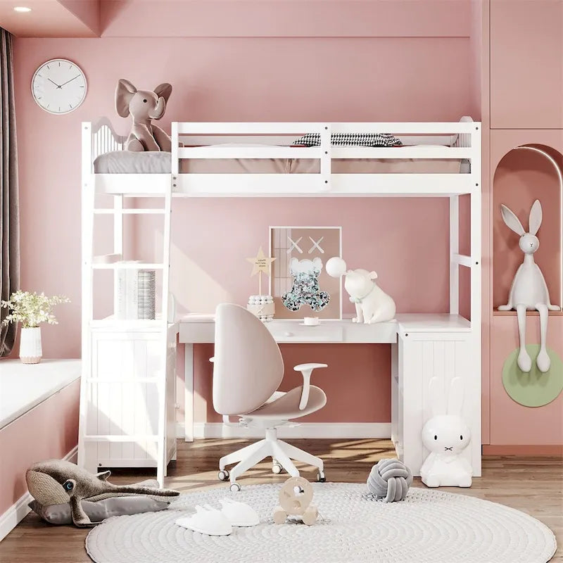 Lit mezzanine double Merax avec tiroirs, armoire, étagères et bureau