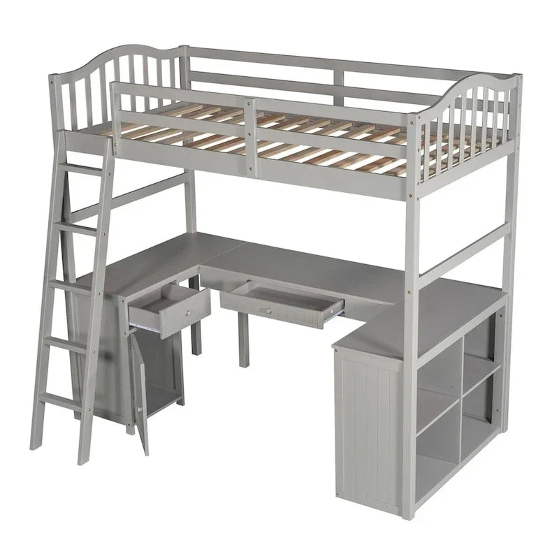 Lit mezzanine double Merax avec tiroirs, armoire, étagères et bureau