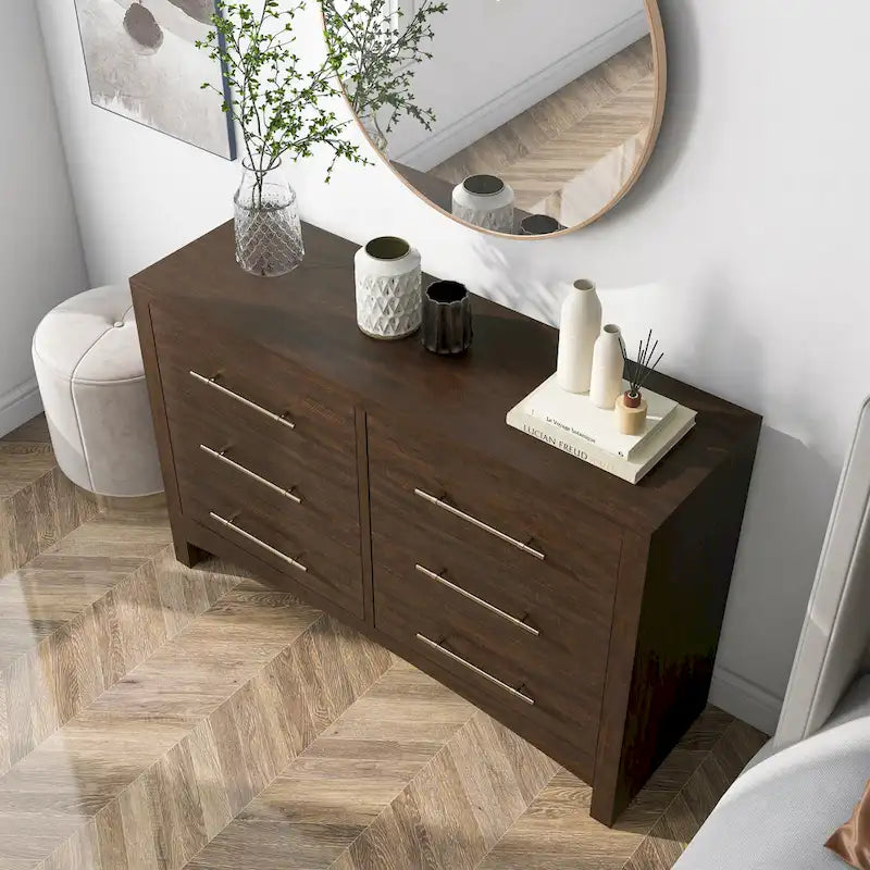 Commode double Malgan traditionnelle en noyer de 142 cm de large à 6 tiroirs par Furniture of America