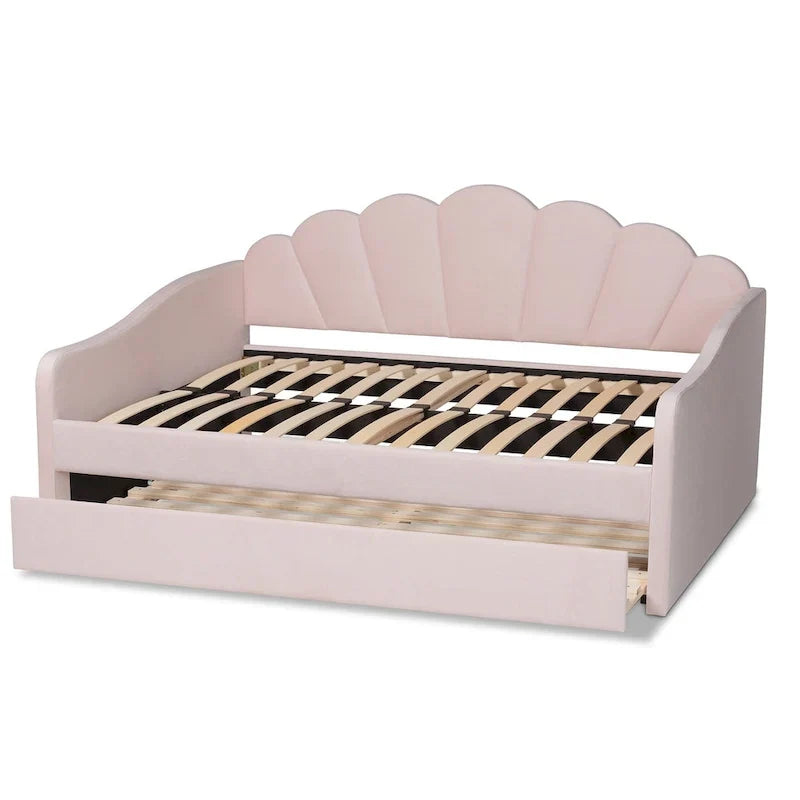 Lit de repos gigogne Queen Size Timila en velours rose clair de style moderne et contemporain