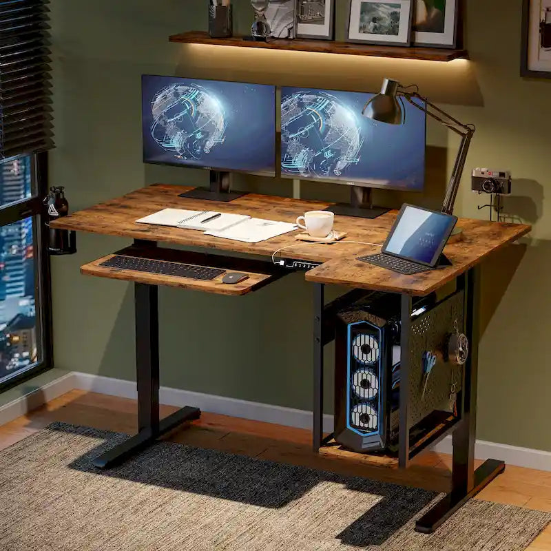 Bureau électrique assis-debout en forme de L de 57 pouces à hauteur réglable avec plateau de clavier et étagère hôte