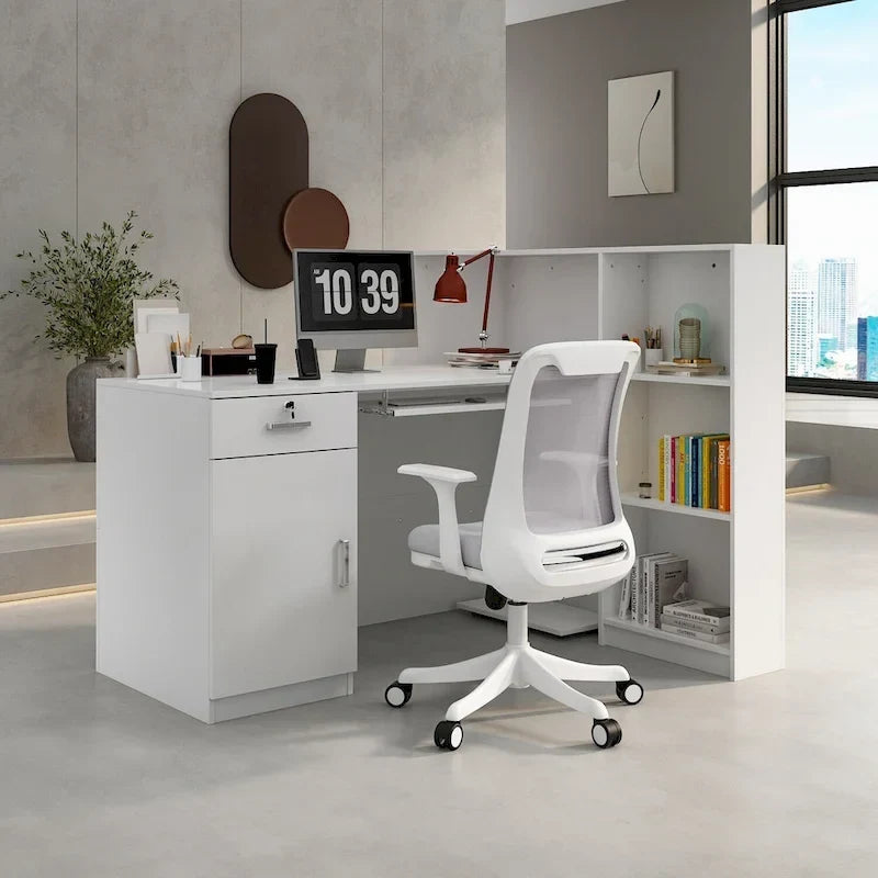 Comptoir d'accueil Timechee en L avec rangement verrouillable, blanc