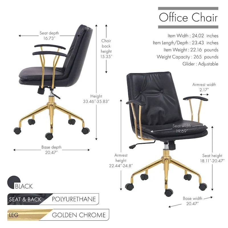 Porthos Home Tilly, chaise de bureau, cuir PU, piétement à roulettes en chrome doré