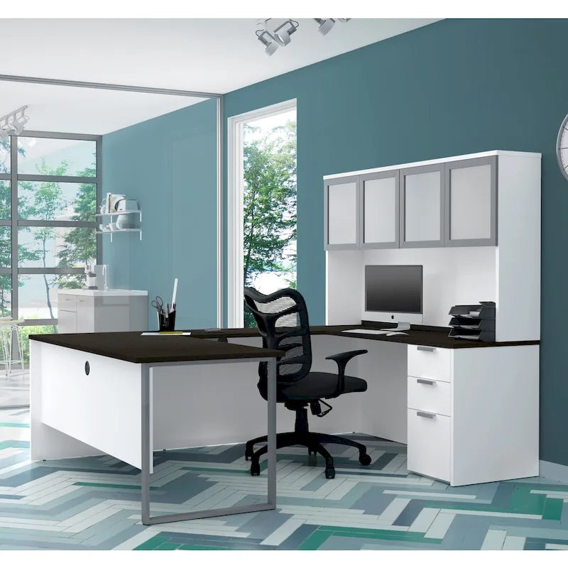 Bureau en U avec huche et portes en verre dépoli Bestar Pro-Concept Plus