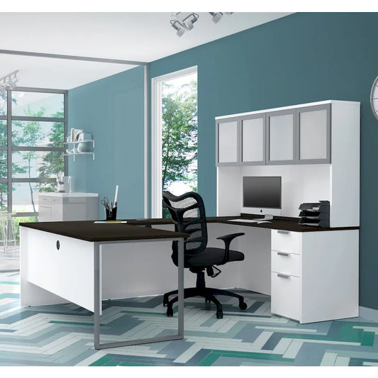 Bureau en U avec huche et portes en verre dépoli Bestar Pro-Concept Plus