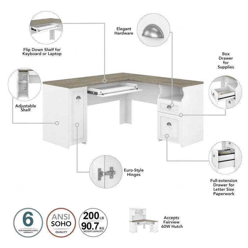 Bureau d'angle en L 60 W Fairview avec huche et bibliothèque de Bush Furniture