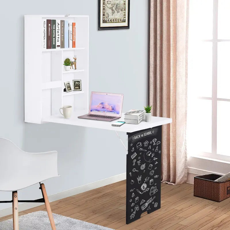 HOMCOM Bureau mural pliable : Tableau noir, rangements pour livres - Gain de place