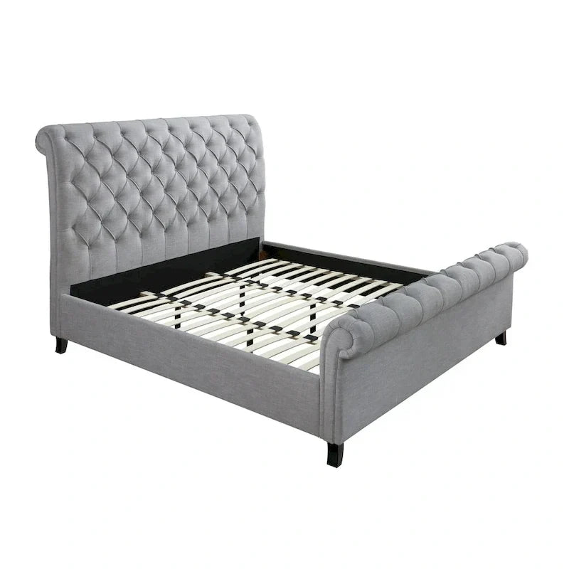 Lit plateforme traîneau capitonné en tissu gris Pietro