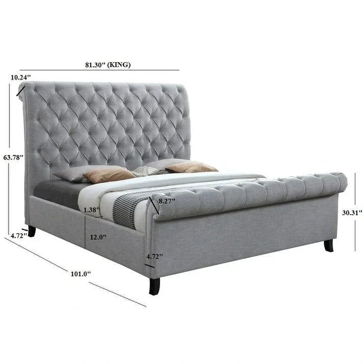 Lit plateforme traîneau capitonné en tissu gris Pietro