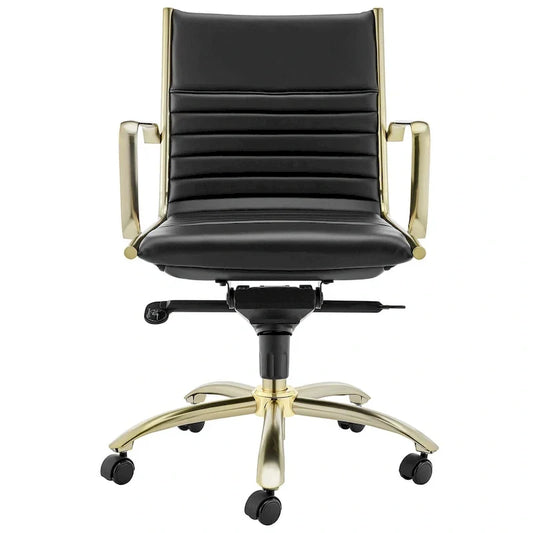 Chaise de bureau Dirk Low dossier bas, noire avec piétement doré brossé mat