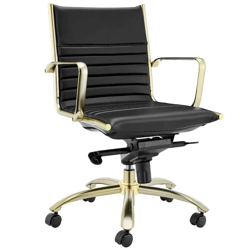 Chaise de bureau Dirk Low dossier bas, noire avec piétement doré brossé mat