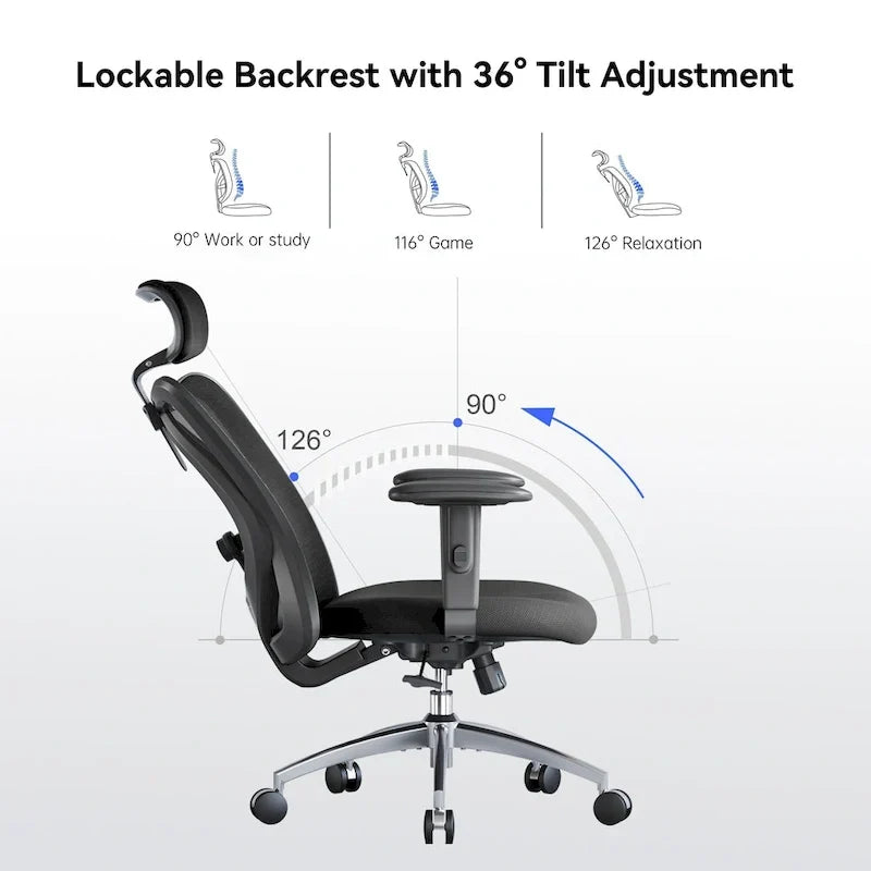 Chaise de bureau ergonomique SIHOO avec soutien lombaire réglable, Chaise de bureau dossier haut pour personnes grandes et fortes, Noir - 68*70*130