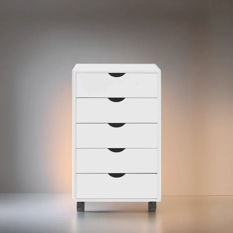 Meuble de rangement en bois portable à 5 tiroirs avec roulettes à 360°, design coulissant facile et rangement supérieur supplémentaire