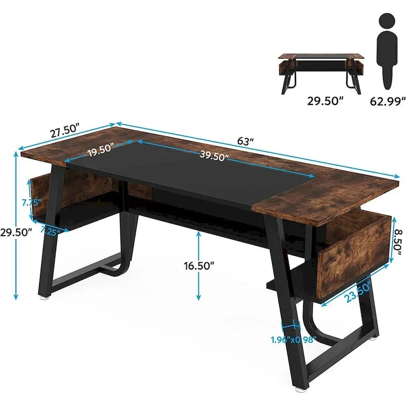 Grand bureau de direction de 160 cm avec étagère de rangement pour bureau à domicile, marron rustique et noir