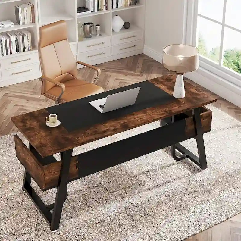 Grand bureau de direction de 160 cm avec étagère de rangement pour bureau à domicile, marron rustique et noir