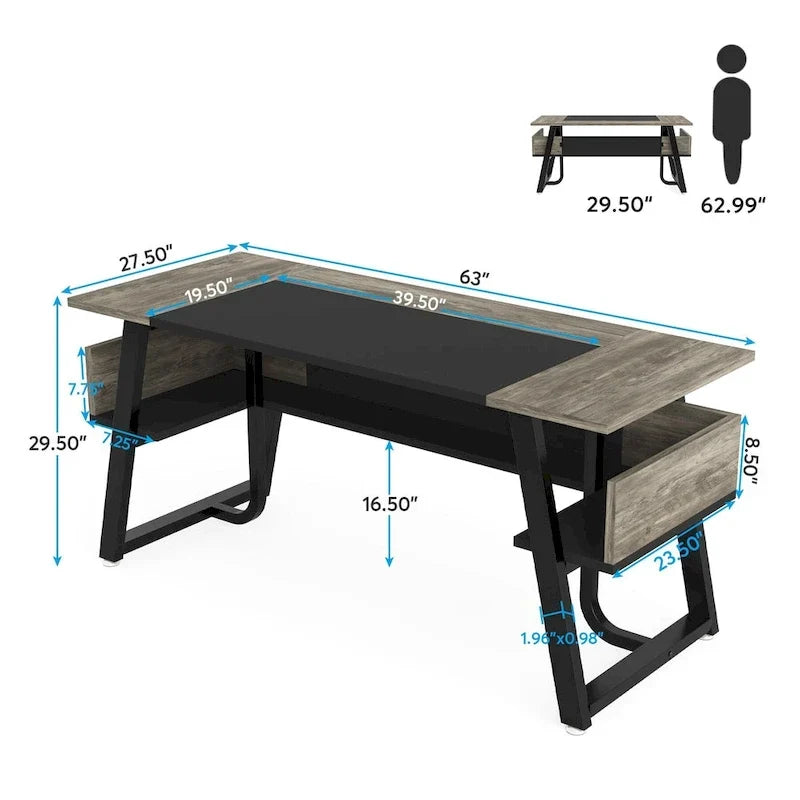 Grand bureau de direction de 160 cm avec étagère de rangement pour bureau à domicile, marron rustique et noir