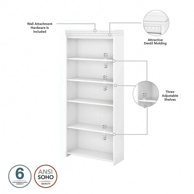 Bibliothèque à 5 étagères Fairview Blanc antique - Antique - 29.57L x 12.09W x 68.94H