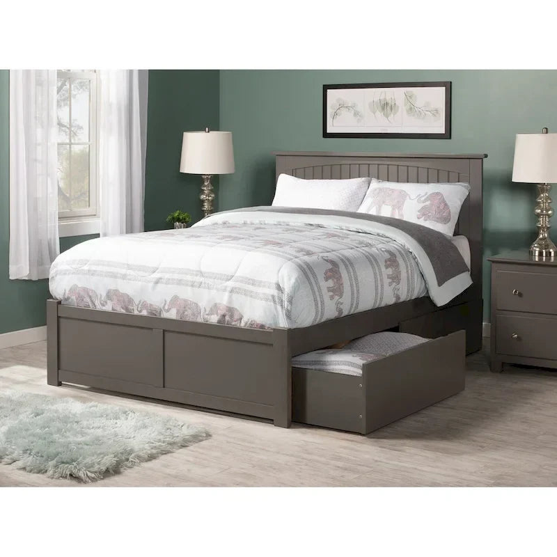 Lit plateforme complet Nantucket avec pied de lit et 2 tiroirs de rangement gris
