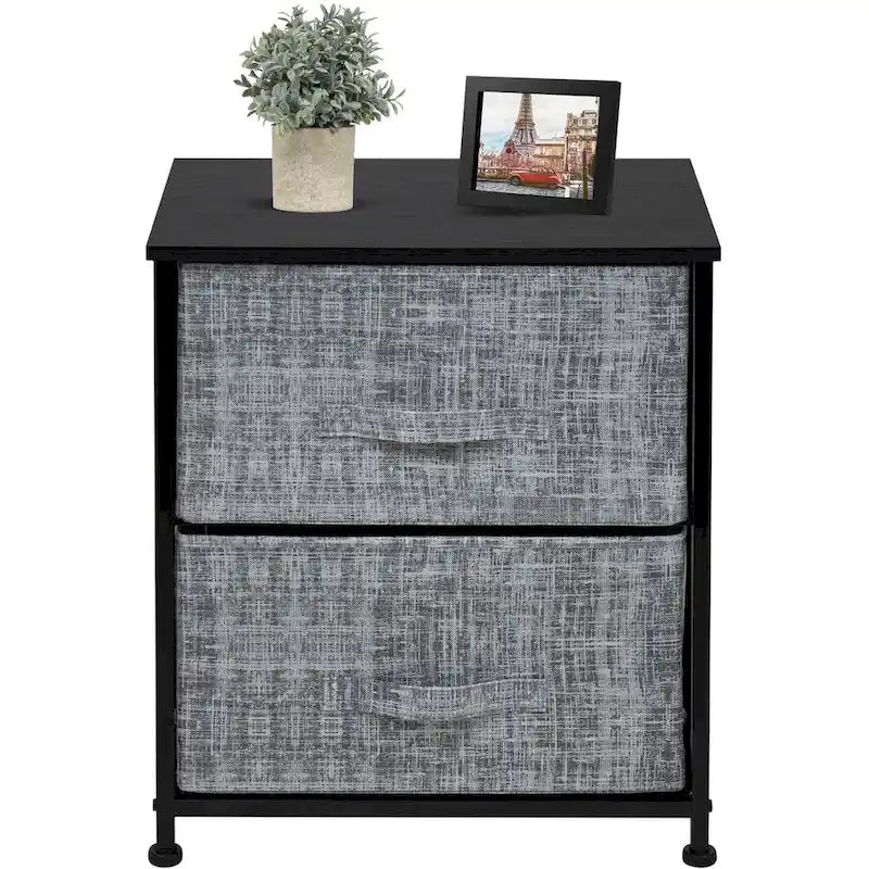 Table de Chevet 2 Tiroirs, Organisateur Commode à Cadre en Acier, Dessus en Bois, Bacs en Tissu