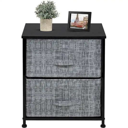 Table de Chevet 2 Tiroirs, Organisateur Commode à Cadre en Acier, Dessus en Bois, Bacs en Tissu