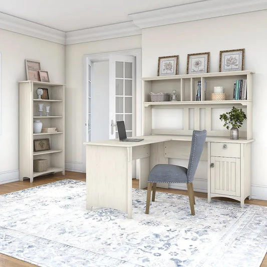 Bureau d'angle Salinas 60W avec huche et bibliothèque 5 étagères, blanc