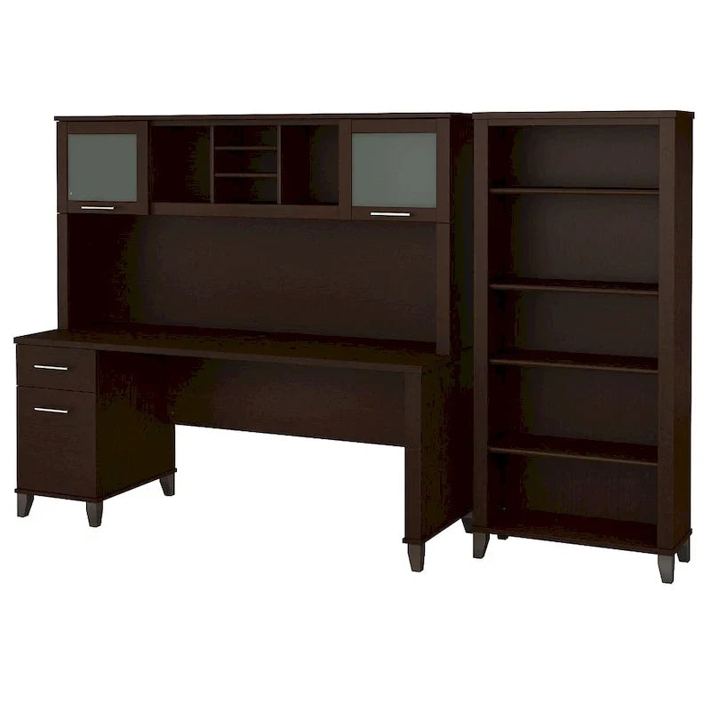 Bureau de 72 po de large avec huche et bibliothèque à 5 étagères Somerset, gris cendré