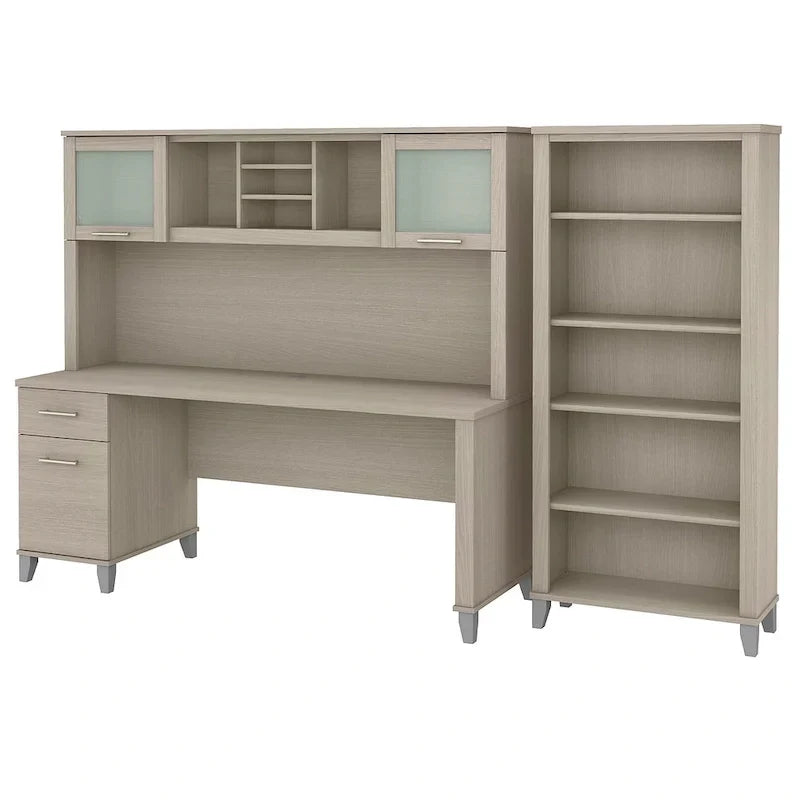 Bureau de 72 po de large avec huche et bibliothèque à 5 étagères Somerset, gris cendré