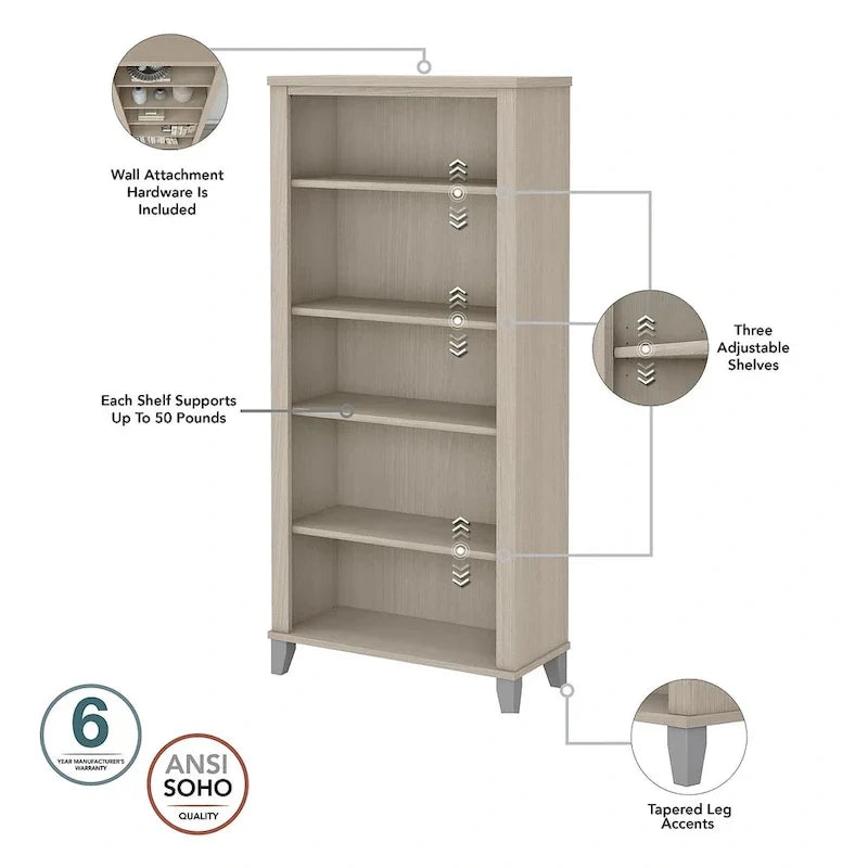 Bureau de 72 po de large avec huche et bibliothèque à 5 étagères Somerset, gris cendré