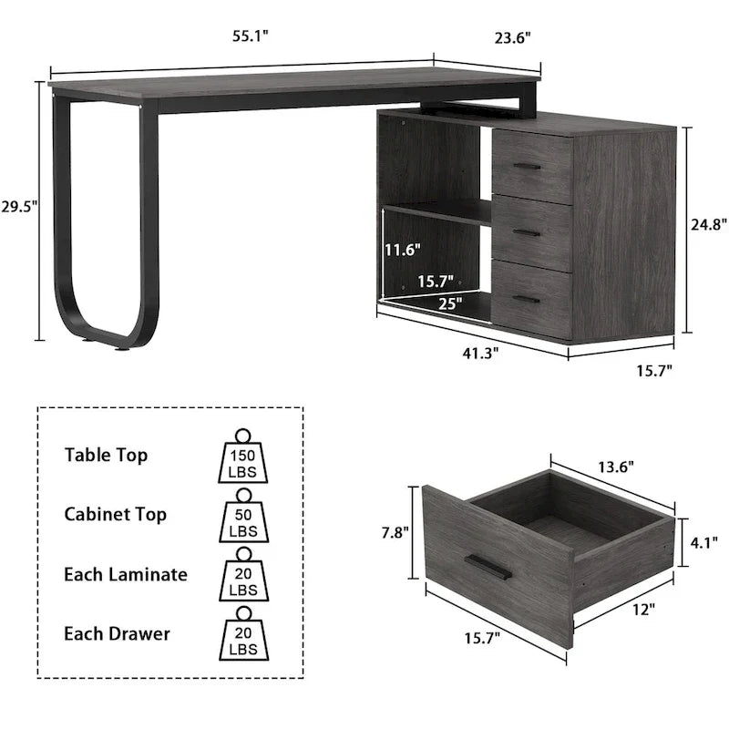 Bureau d'ordinateur de rangement en L Timechee de 55 pouces