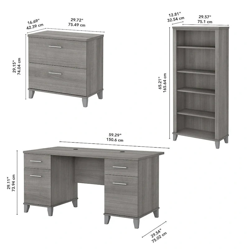 Bureau de 60W Somerset avec armoire et bibliothèque à 5 étagères
